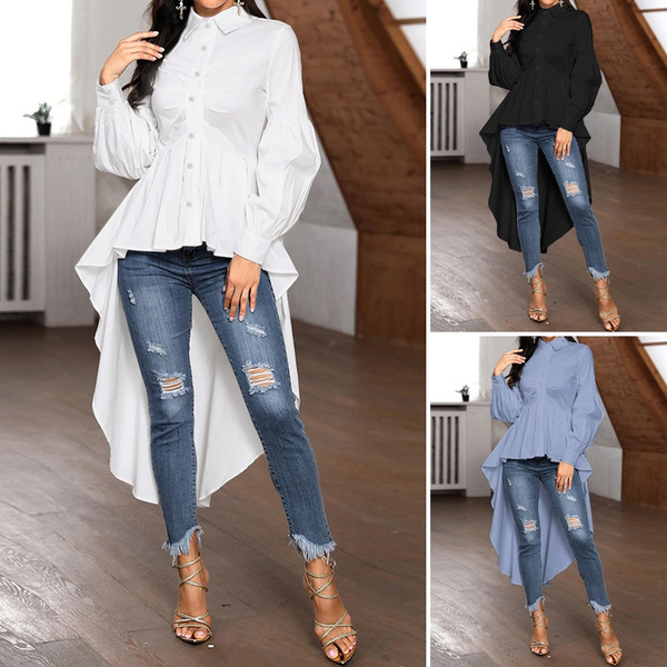 Ladies Fashion Button Down Loose Shirt Blouses High Low Shirt Top Jumper Wish