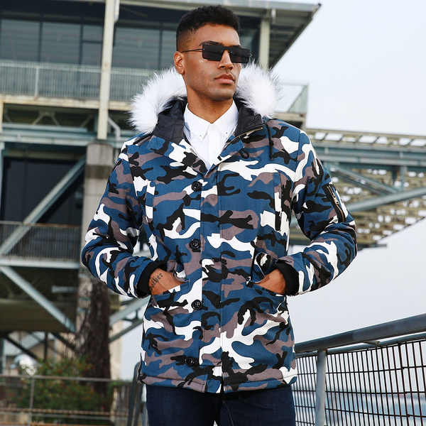 Jamickiki New Design Mens Outwear Casual Autumn and Winter Fur Collar Camouflage Padded Thicken Keep Warm Hooded Jacket Coat. 2 Colors