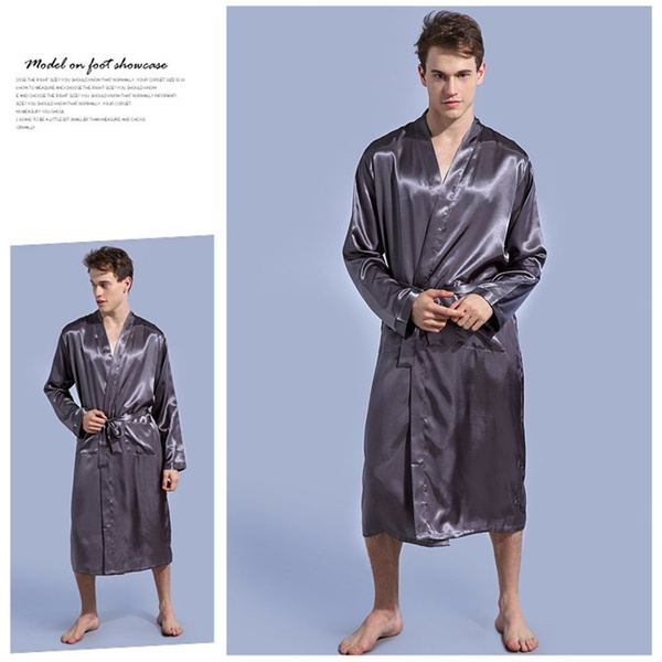 2019 2020 New Silk Pajamas Men s Plain Dress Gown V Neck Silk