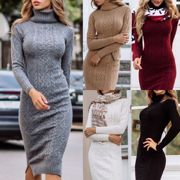 Winter Warm Knitted Turtleneck Bodycon Stretch Long Dress Women Casual  Dresses