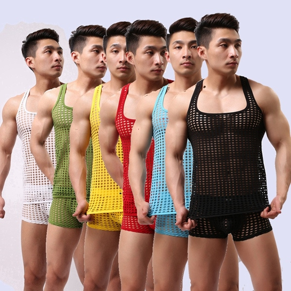 Men's Underwear Briefs+Tank See Through Mesh Lounge Suit Mesh Hollow ...