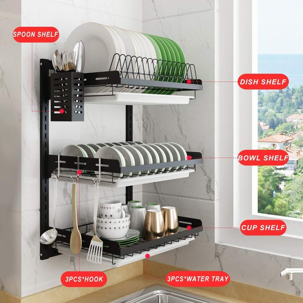 Hanging Dish Drying Rack Wall Mount Drainer 2 3 Tier Kitchen Plate Bowl Spice Organizer Storage Shelf Holder With Drain Tray Hooks Stainless Steel Black Coating Wish - Dish Rack Wall Cabinet