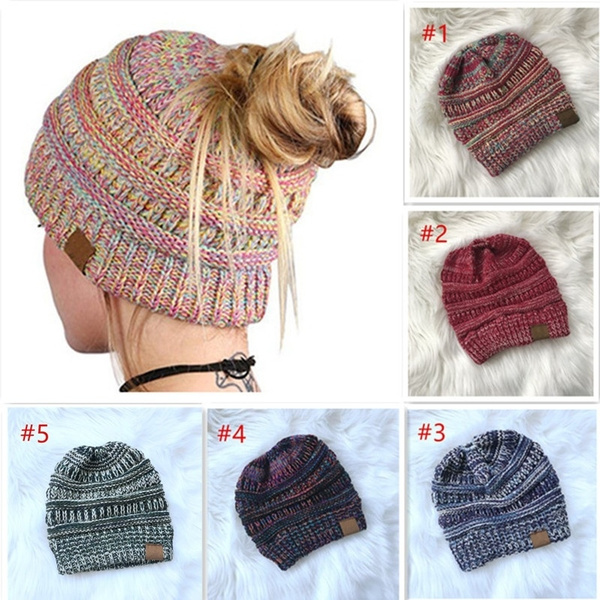 Ponytail Beanie Hat Women Stretch 