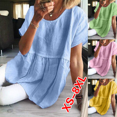XS-8XL Plus Size Tops Fashion Summer Clothes Womens Casual Short Sleeve Shirts Solid Color Loose T-shirts Ladies O-neck Beach Wear Linen Blouses
