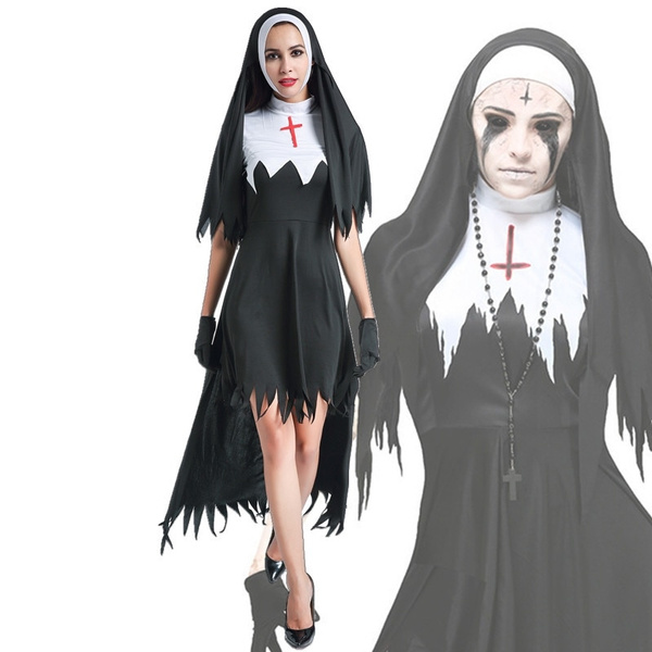 WOMENS ZOMBIE SISTER FANCY DRESS COSTUME LADIES BLACK WHITE HALLOWEEN NUN OUTFIT 