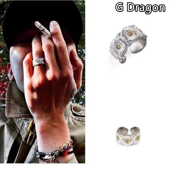 GD G Dragon Small Daisy Flower Ring Adjustable Personality Men and Women  Street Open Ring