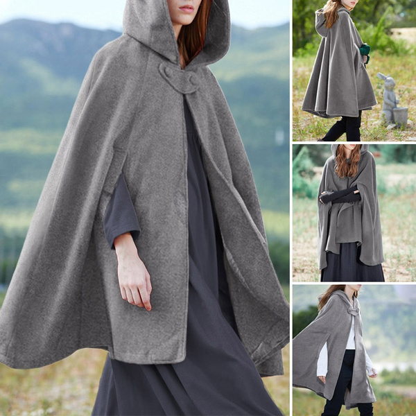 Women Cloak Hooded Batwing Sleeve Wool Coat Short Casual Cape Poncho
