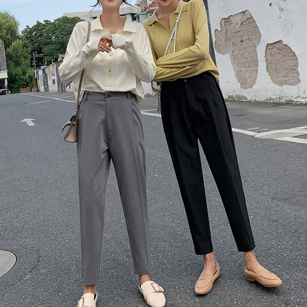 ZZYLHS Streetwear Black Pants Women Korean Style Elastic Waist Sweatpants  Baggy Pants Summer Autumn Trousers Women Stretch (Color : K13 Khaki, Size :  M.) at Amazon Women's Clothing store