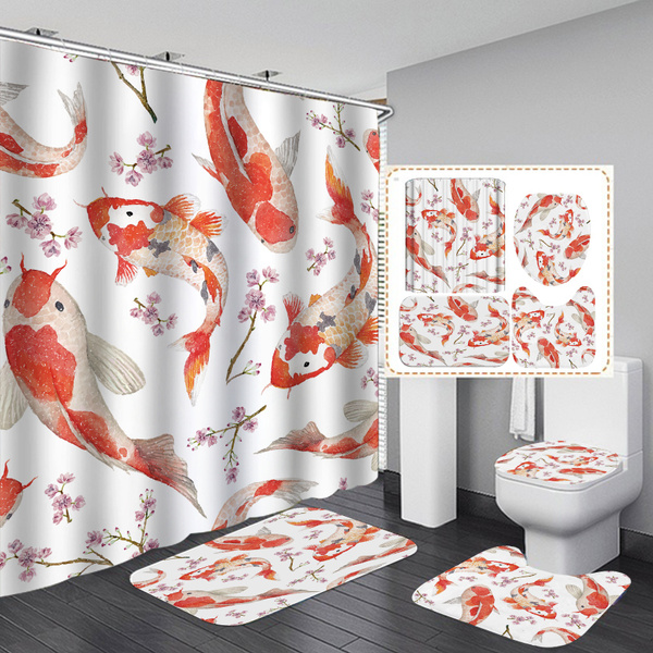 1 3 4pcs Red Koi Fish Style Waterproof Shower Curtain Bathroom Toilet Cover Mat Sets Non Slip Rugs Bath Mat Toilet Cover Mat Wish