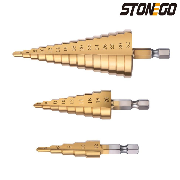 Coated High Speed Steel Step Cone Drill Bits Hole Cutter Kit with 1/4" Hex Shank 
