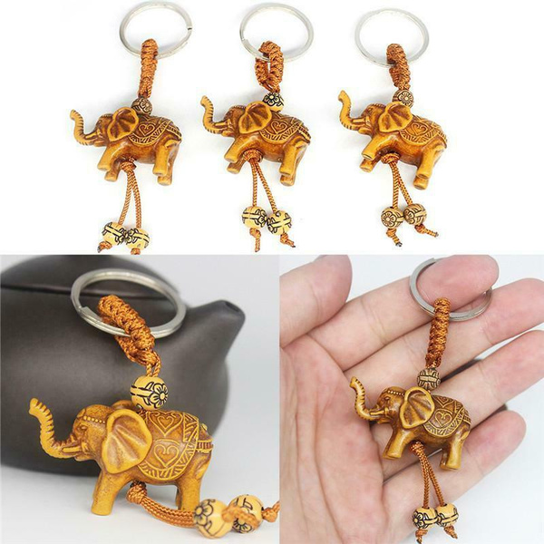 Lucky Elephant Carving Wooden Pendant Keychain Key Ring Evil Defend Gifts 