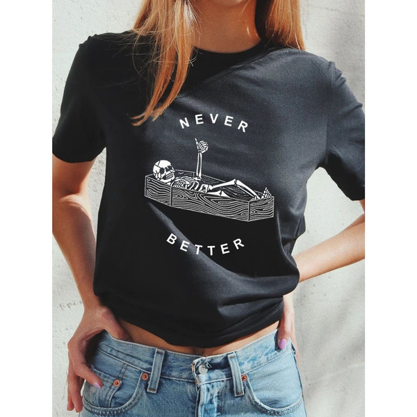 NEVER BETTER SLEEPING SKULL BLACK Clothing Round Collar Cotton