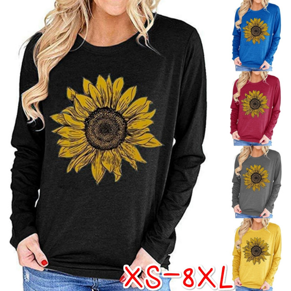 Cheap Women Plus Size Ladies Tee Shirts Sunflower Print Loose