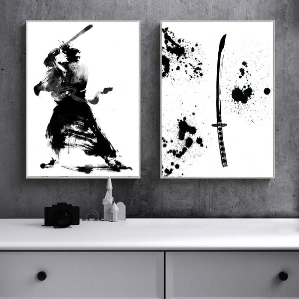 Black and White Japanese Samurai Painting Picture Home Wall Poster Black and White Japanese Samurai Painting Picture Home Wall Poster