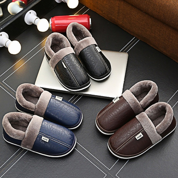 Men's Winter Plush Warm Waterproof Soft Non-slip Home Leather Slippers ...