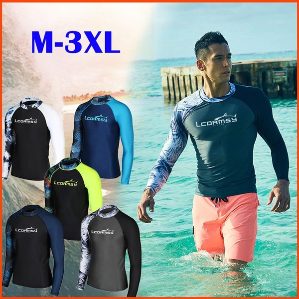 Men Long Sleeve Rash Guard Swimwear UPF50 Shirt  Surfing UV Protection Top 