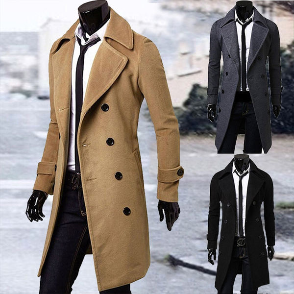 Sliktaa Mens Wool Coat Thick Long Trench Jacket Turn Down Collar Warm Winter Coats