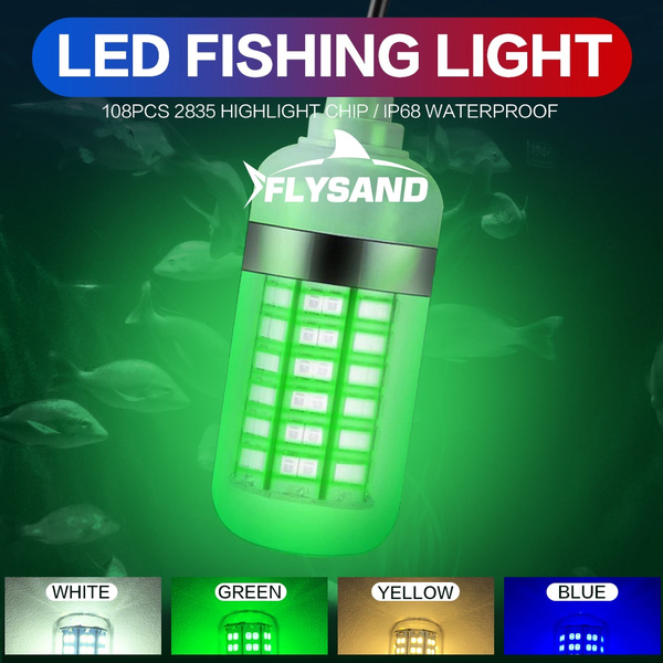 Ultra Bright Underwater LED Lamp, 12V 15W 108LEDs 5M Cord IP68 Waterproof  Deep Drop Fish Finder Lamp Sinking Submersible Lights with Power Switch  FlySand Fishing Accessory for Underwater Lighting, Night Fishing, Lure