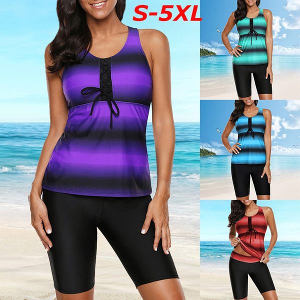 New Summer Women s Fashion Patchwork Sleeveless Floral Long Tank Top Black Five Quater Short Pants Swimsuit 2 Piece Set Swimwear Plus Size S 5XL Wish