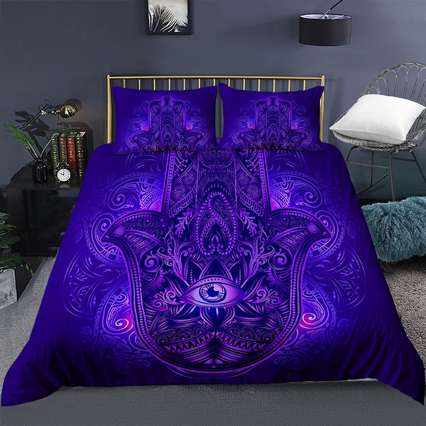 Purple Hamsa Hand Duvet Cover Pillow, Purple And Silver King Size Bedding