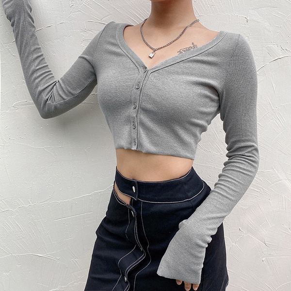 WOMEN'S BASIC RIBBED V NECK BELL LONG SLEEVE LADIES KNITTED CROP JUMPER TOP 8-16
