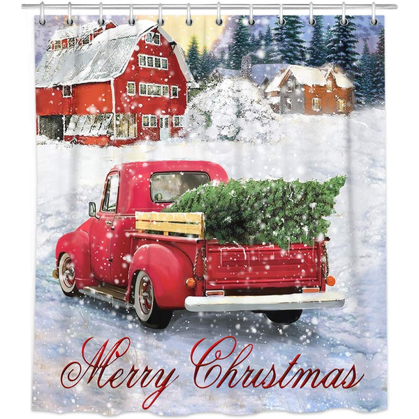 Wasserrhythm Merry Christmas Shower Curtains Christmas Truck Funny Car Polyster 72x72 Inches
