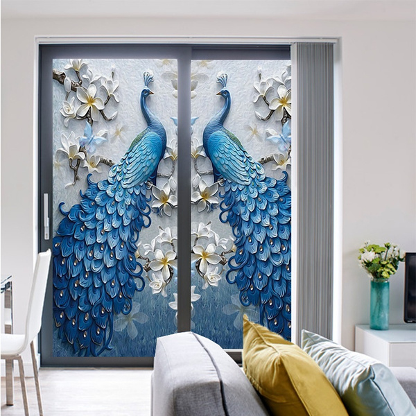 3D Peacock Static Cling Window Film Privacy Frosted Opaque Glass Sticker  Home Decor