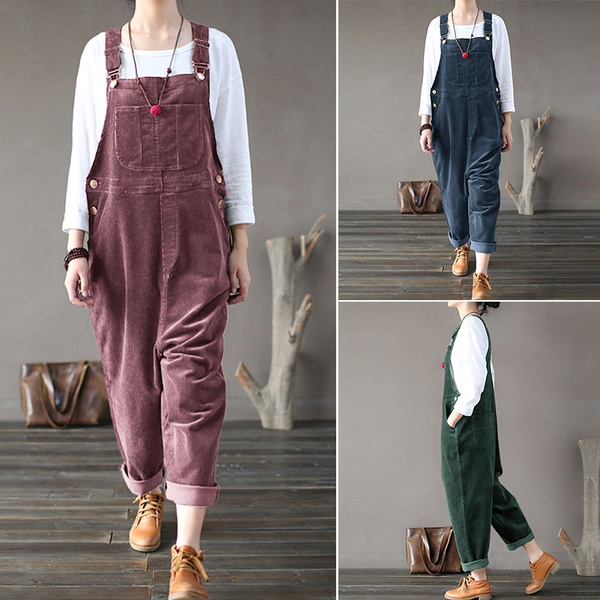 Plus Size Vintage Women Corduroy Overalls Dungarees Solid