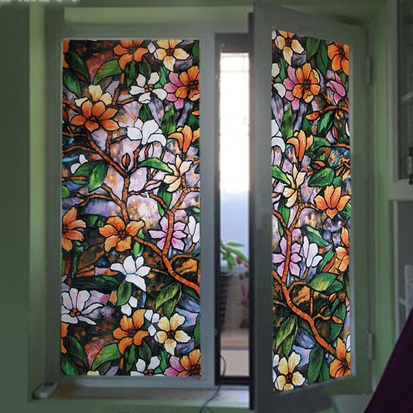 3D Floral Static Window Film Privacy Opaque Frosted Stained Glass Art Stickers 