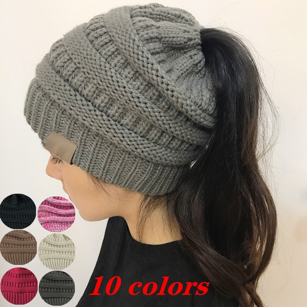 Ponytail Cap, Outdoor Warm Wool Cap 