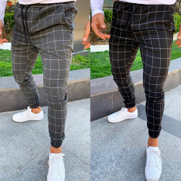 Fashion Men Plaid Pants Drawstring 