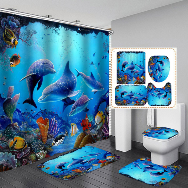 Sea Animal Non-Slip Toilet Rugs Mat Bath Bathroom Shower Curtain Cover Decor Set 