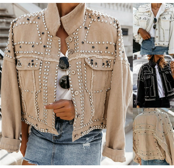 Plus size studded denim cheap jacket