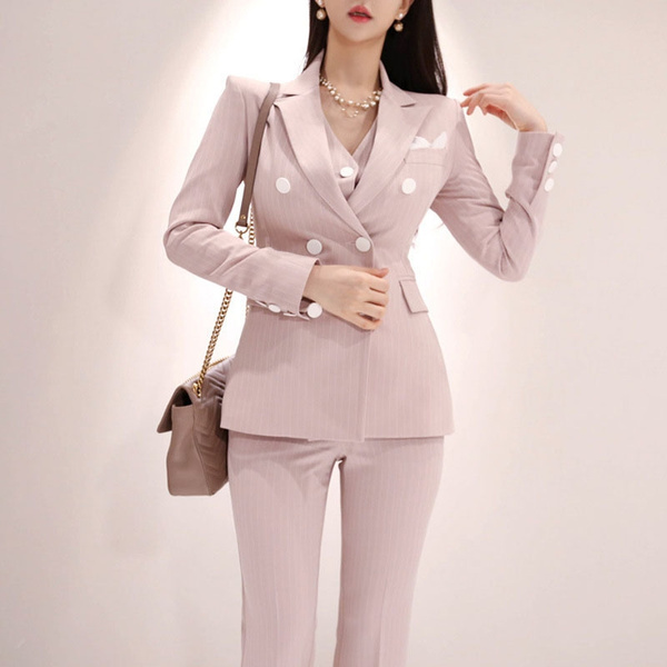 2020 Office Suit for Women 3 Pieces Set Stripe Formal Long Sleeve Slim  Blazer and Vest and Trousers Office Overalls Ladies Work Wear Business Suits