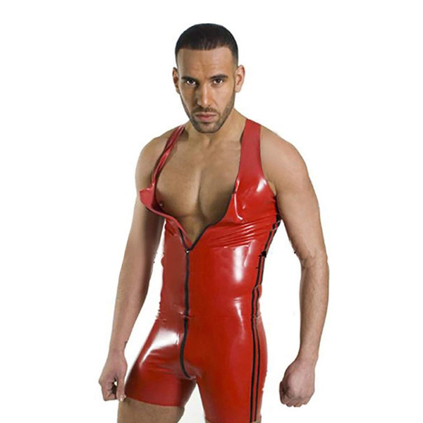 Mens PVC Catsuit Plus Size S-XL Red Latex Bodysuit Erotic Leather
