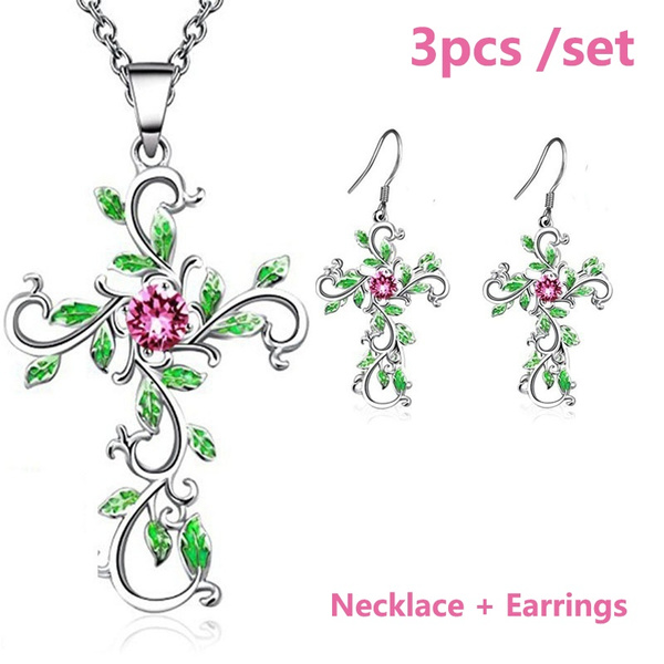 Pink Crystal Fashion Pendants Necklace Earrings Sets for Women