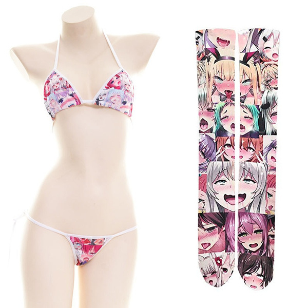 Quker Bean Lolita Japanese Manga Anime Ahegao Face Clothes Bikini Bra and Thong Set Thigh High Stockings Outfits