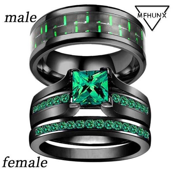 Couple Ring Size 6-12 Men's Tungsten Steel Ring Black Gold Filled CZ  Elegant Women's Green Shi Cube Zirconia Ring Wedding Ring Set
