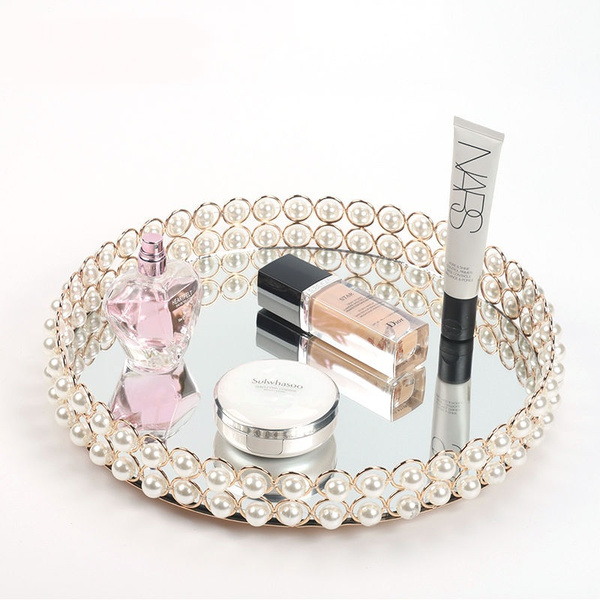 Gold Silver Mirror Tray Fashion Pearl Mirrored Ornate Metal Decorative Dresser Trinket Makeup Organizer For Vanity Jewelry Perfume Bathroom Display Wish Gold Silver Mirror Tray Fashion Pearl, Pink Mirrored Vanity Tray