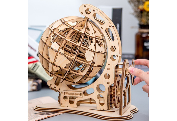 3D Wooden Globe Puzzle DIY Mechanical Drive Model Transmission Gear Rotate toy 