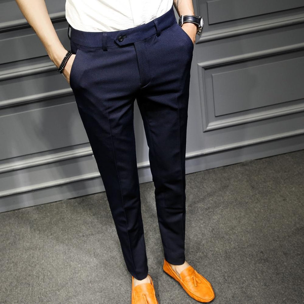 Korean Slim Fit Men Trousers Suit Pant Black Navy Solid Business