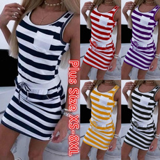 Summer Women Short Sleeved Casual Sleeveless Stripe T Shirts Dress Tunic Waist Dresses Beach Vestido Plus Size XS-8XL