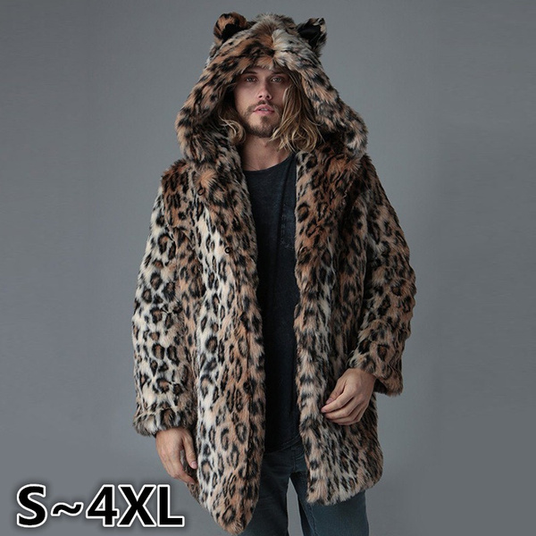 Shirt Jackets for Men with Hood.Mens Leopard Warm Thick Fur Collar Coat Jacket Faux Fur Parka Outwear Cardigan Brown 