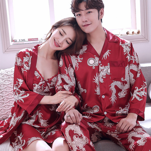 Fashion New Lounge Wear Women Satin Pjs Suit Couple Pajamas Set