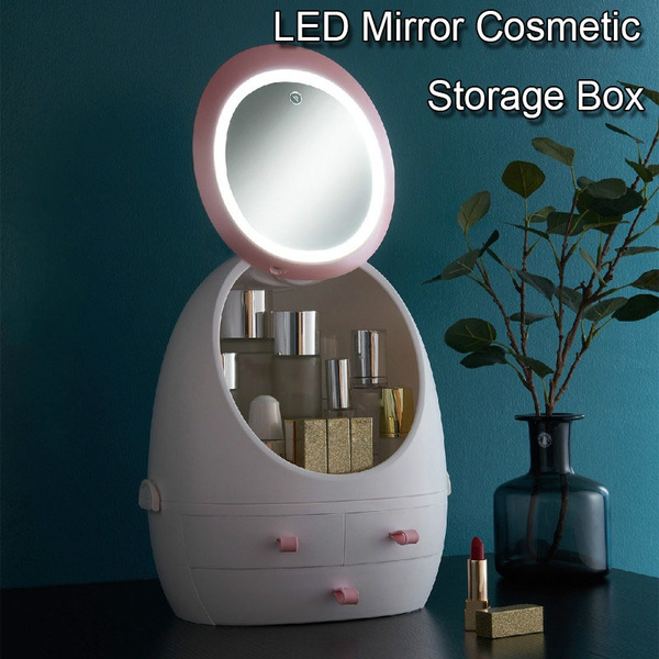 Usb Rechargeable Makeup Organizer Cosmetic Storage Box Portable Jewelry Container Dust Proof Drawer Waterproof Mirror Led Light Wish Usb Rechargeable Makeup Organizer, Portable Makeup Case With Led Lighted Mirror