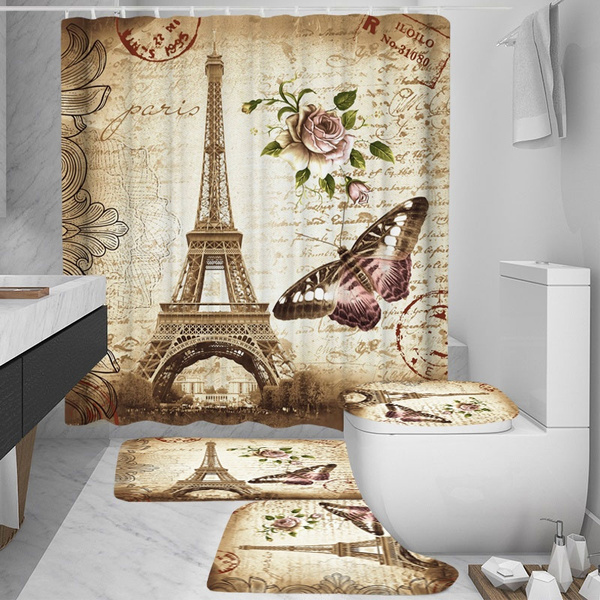 Beautiful Butterfly Paris Eiffel Tower Bathroom Decor Mildew Proof Waterproof Shower Curtain Non Slip Pedestal Rug Toilet Lid Cover Floor Mat Bath Carpet Set Wish