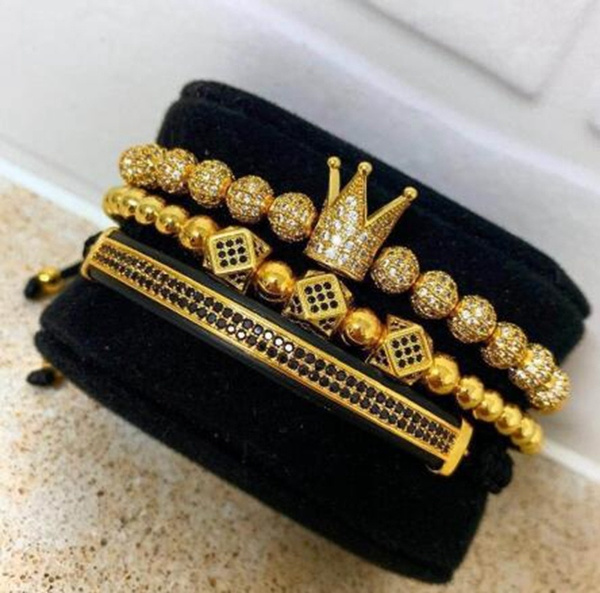 Details about   Luxury 18k Gold Micro Pave CZ Crown Disco Ball Women Men Braided Beaded Bracelet 