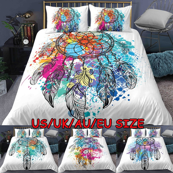 Decorative 2 Piece Bedding Set with 1 Pillow Sham White Blue Twin Size Dream Catcher Illustration Bohemian Style Image Ambesonne Feather Duvet Cover Set