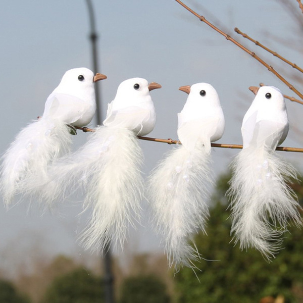 White Artificial Realistic Clip On Feather Garden Bird Garden Home Decor 