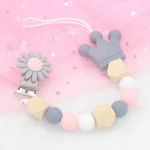 Silicone Wood Pacifier Clips Safe Teething Chain Baby Teether Ecofriendly Clips Holder Wish